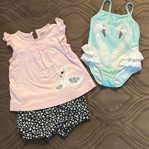 18 month Carter’s swan set and bathing suit